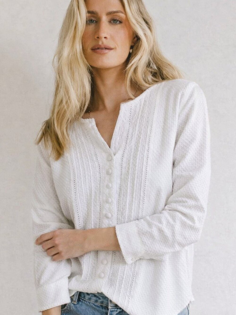 White Textured Button-Front Women's Top